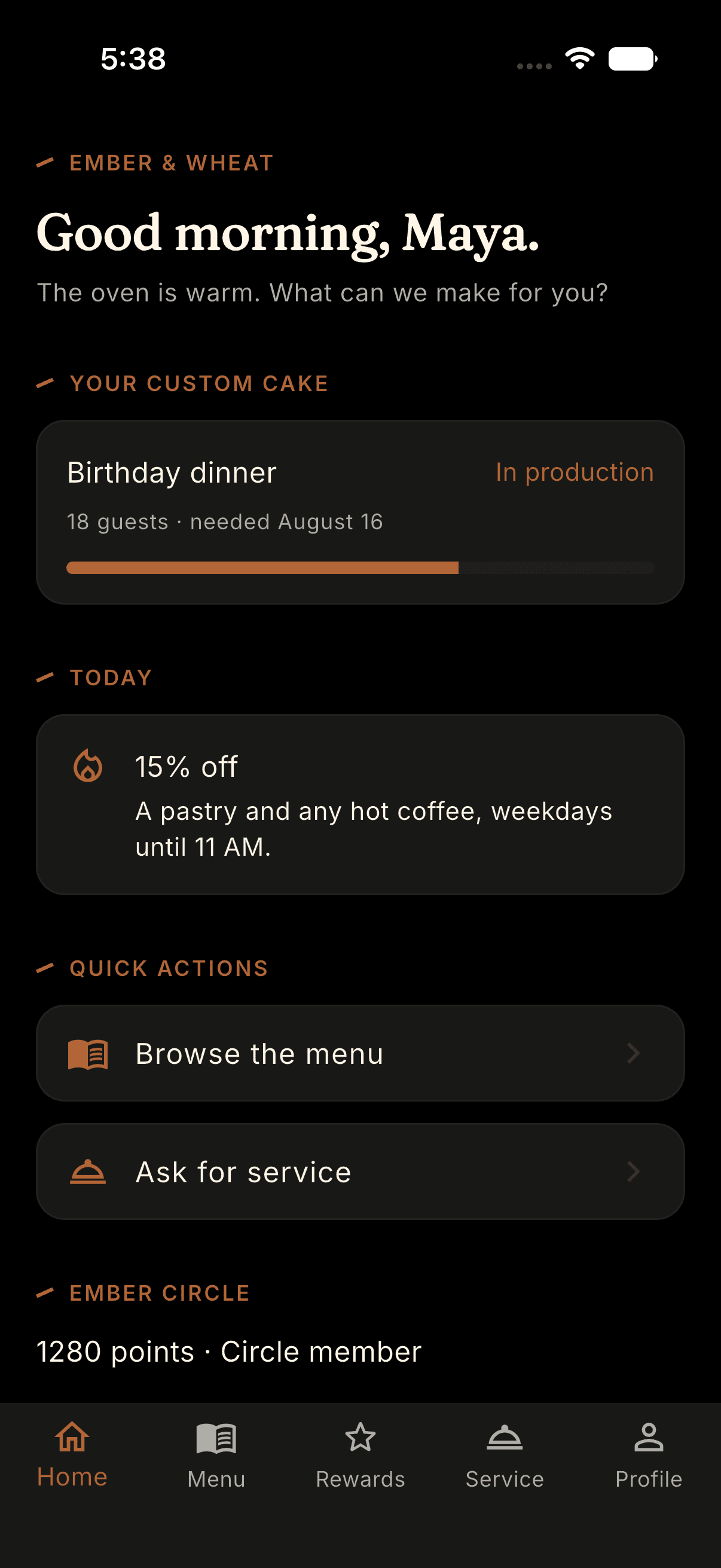 Customer app home screen, dark mode