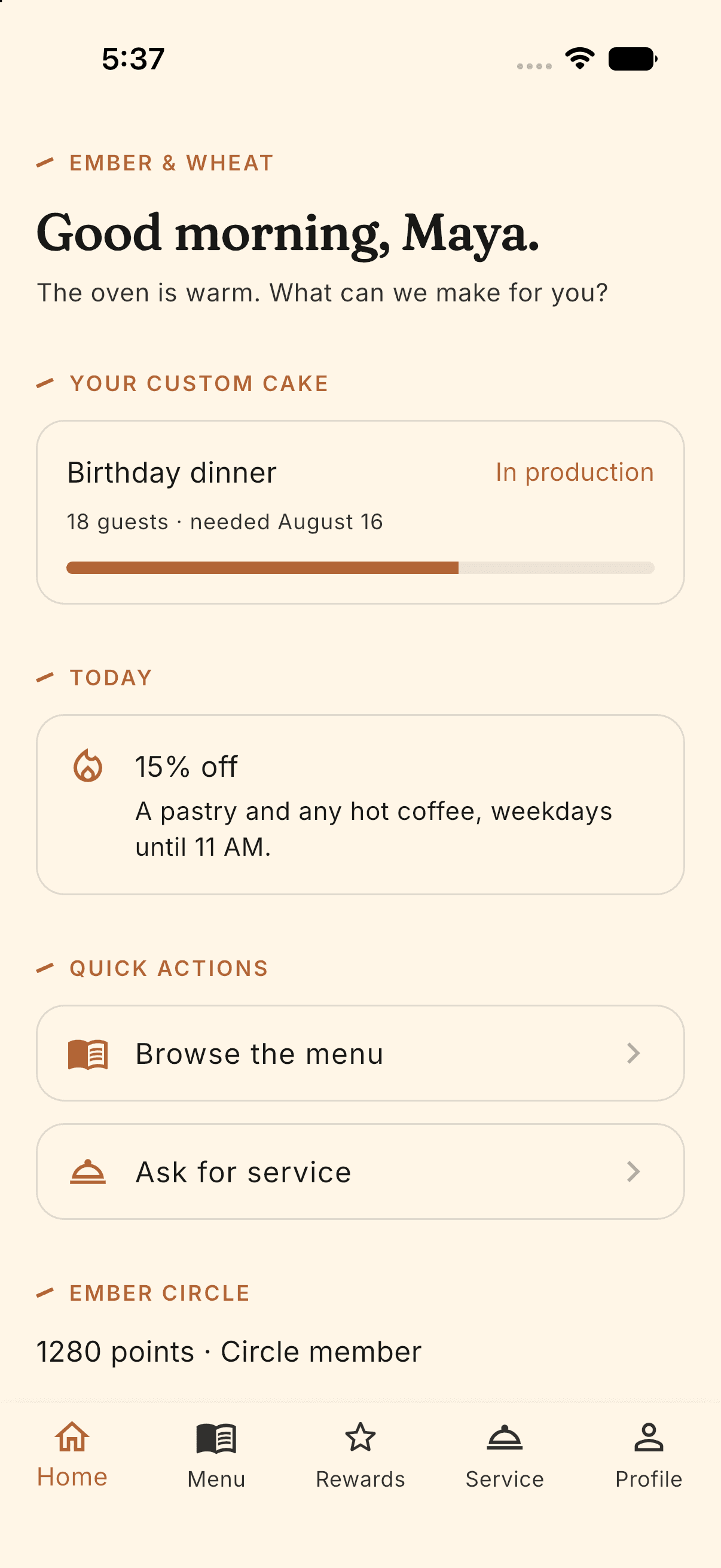 Customer app home screen, light mode