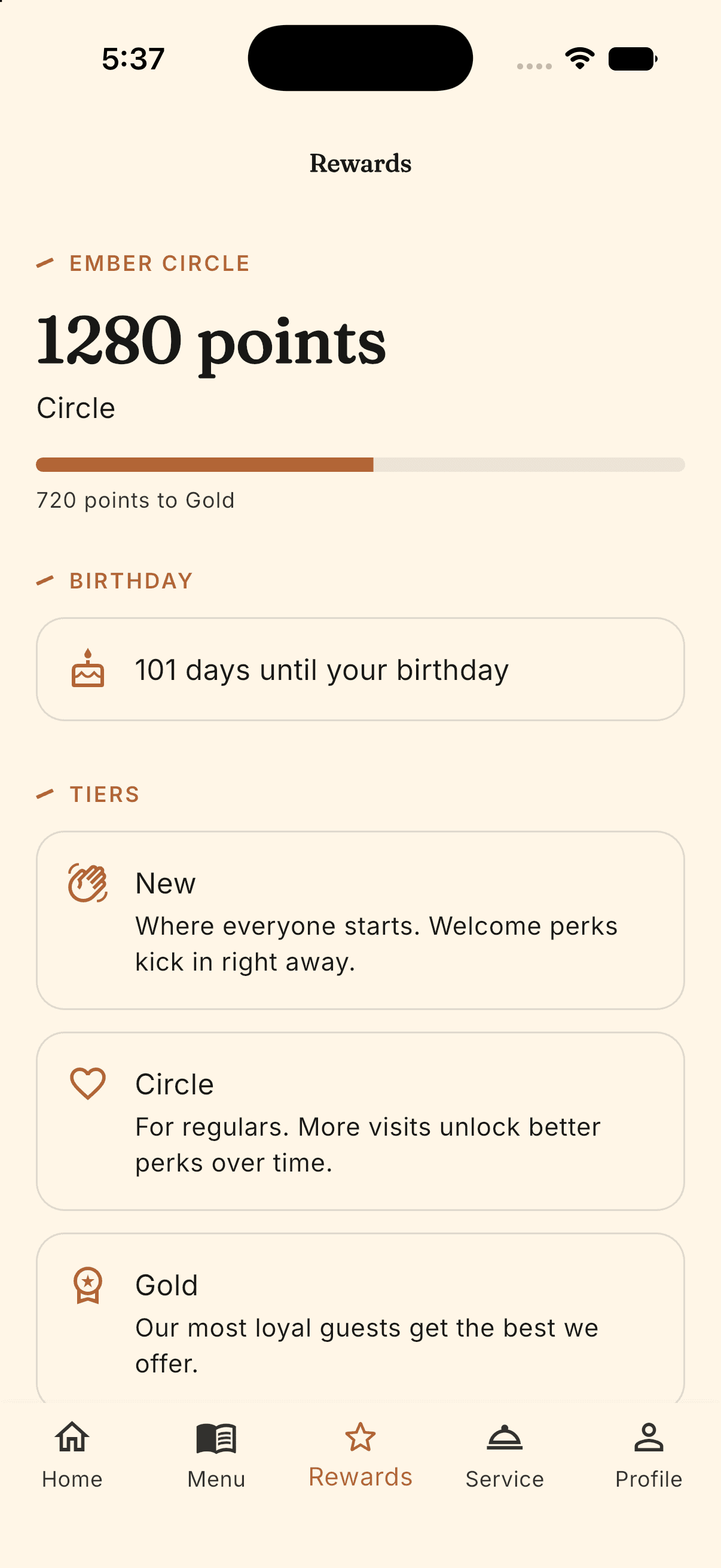 Loyalty rewards screen with tier progress