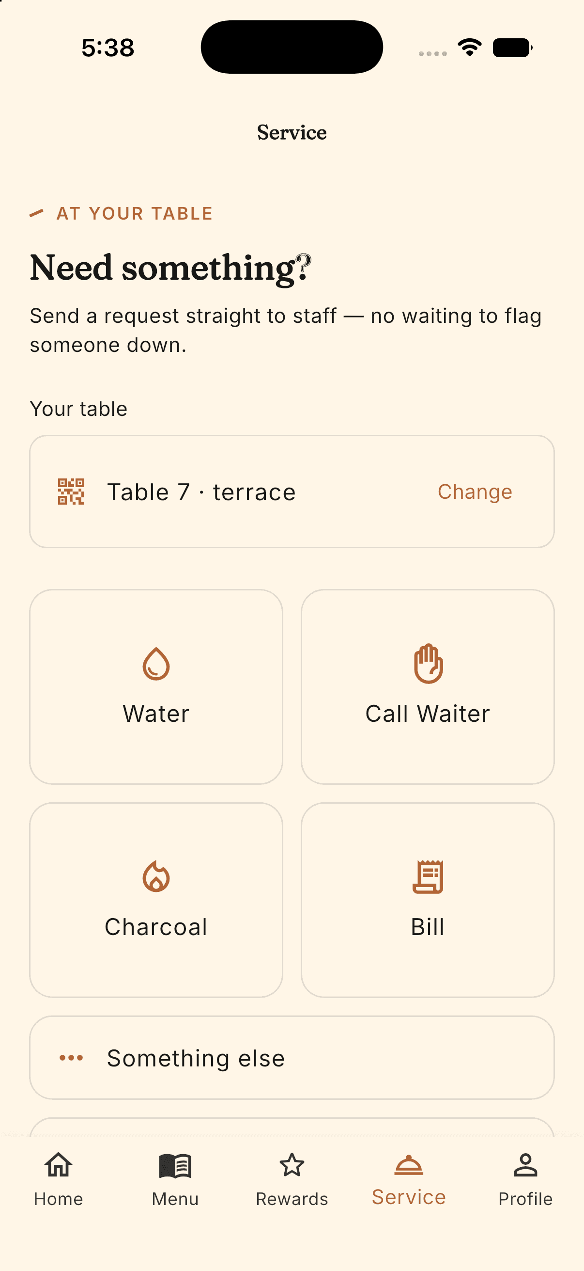Table service request screen