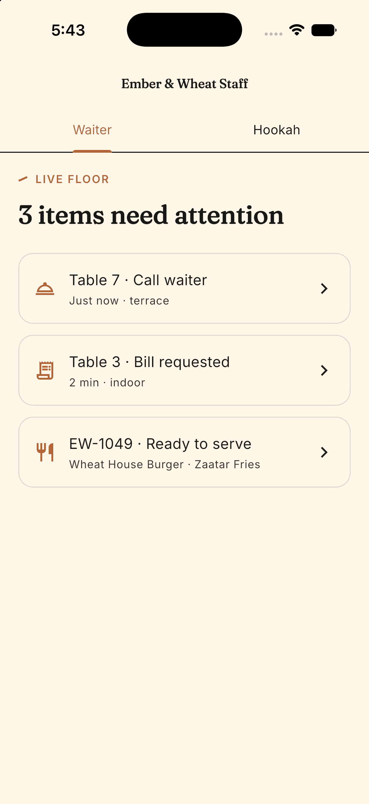 Staff app waiter request queue